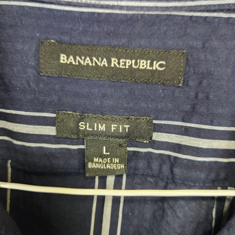 Banana Republic Mens Slim Fit Short Sleeve Striped Button‎ Up Shirt Navy Blue L
